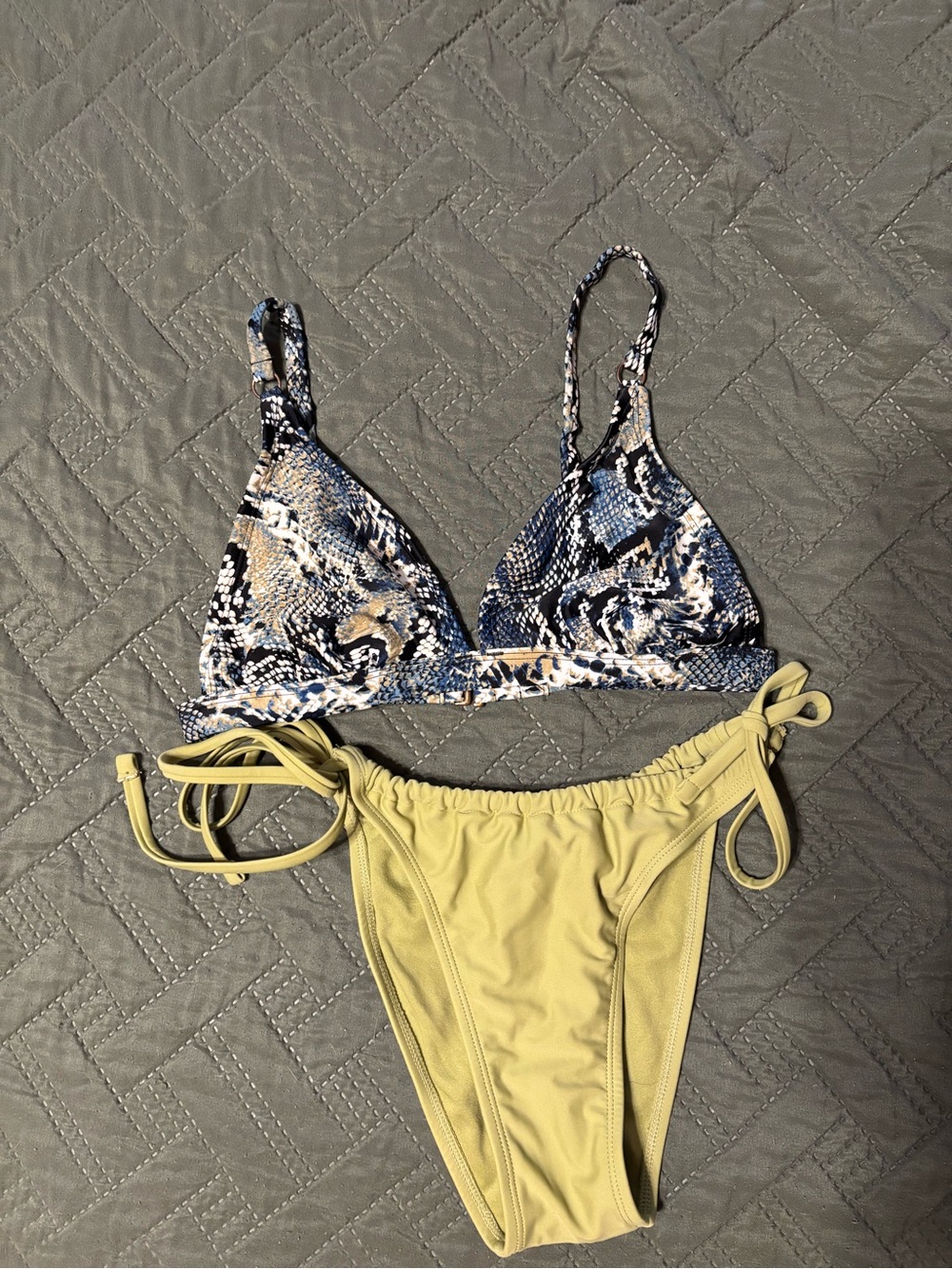 Two-Piece Bikini Set - Snake Print Top & Olive Green Bottoms